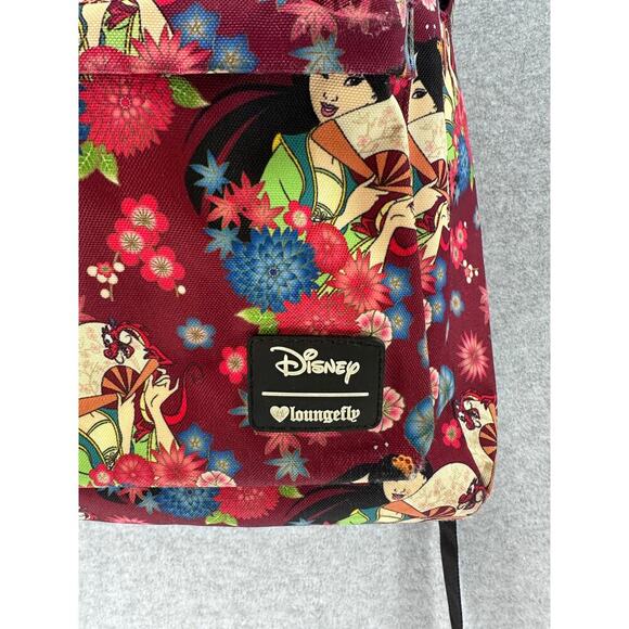 Disney Loungefly Mulan Backpack Maroon Floral Print Nylon Zip Up Pockets - Picture 2 of 9